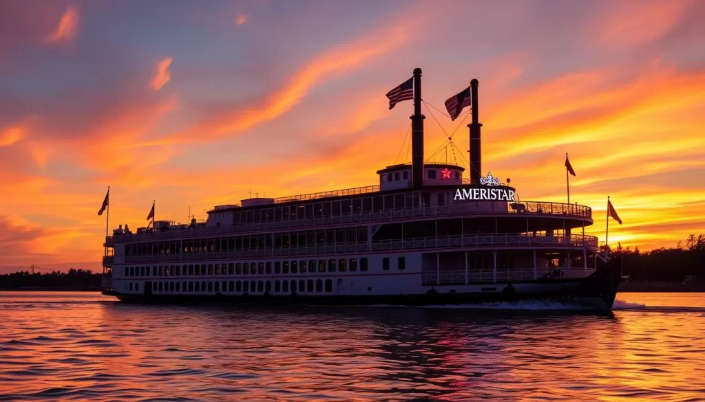 Generate an image of the Ameristar Casino Vicksburg riverboat at sunset.