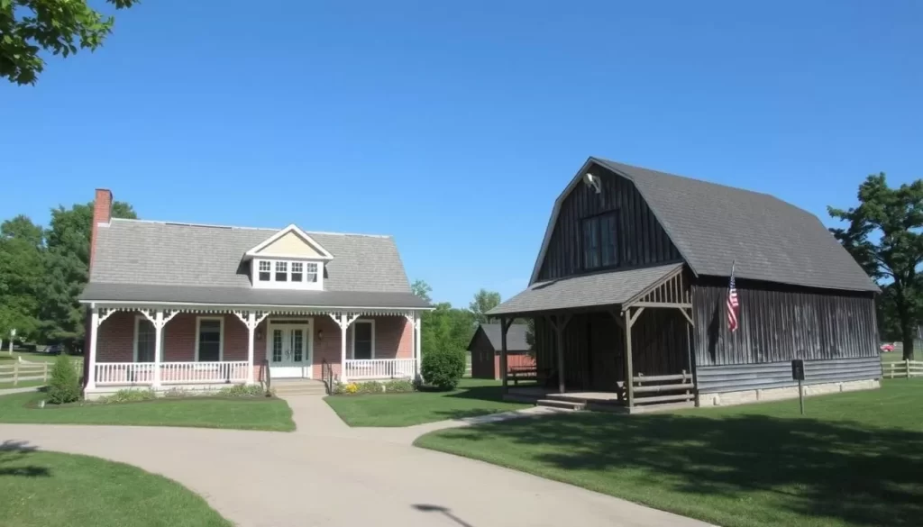 Generate an image of the Ankeny Area Historical Society Museum, showcasing its historic home and replica barn.