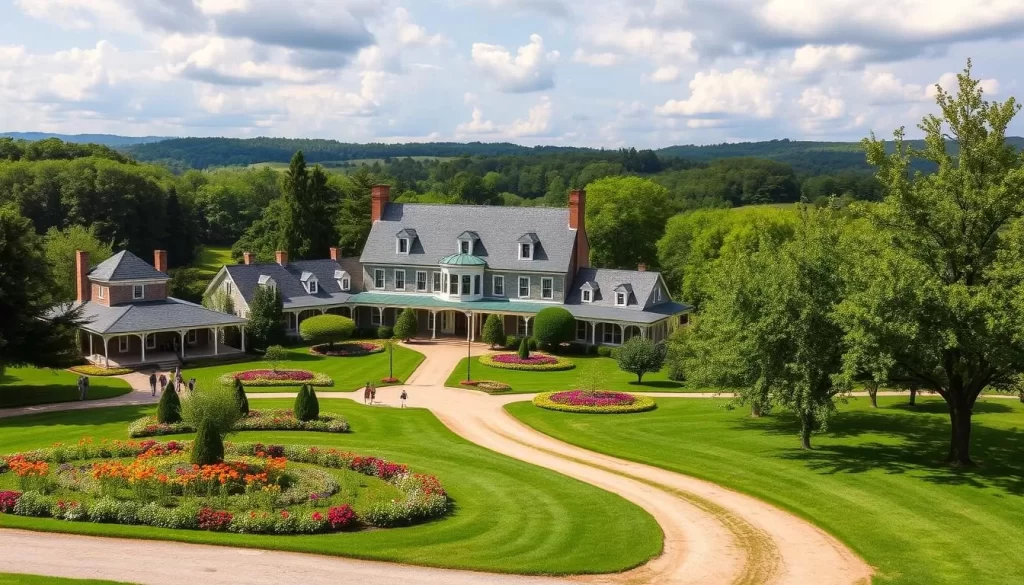 Generate an image of the Applewood Estate, a 34-acre property with historic buildings, gardens, and an orchard.