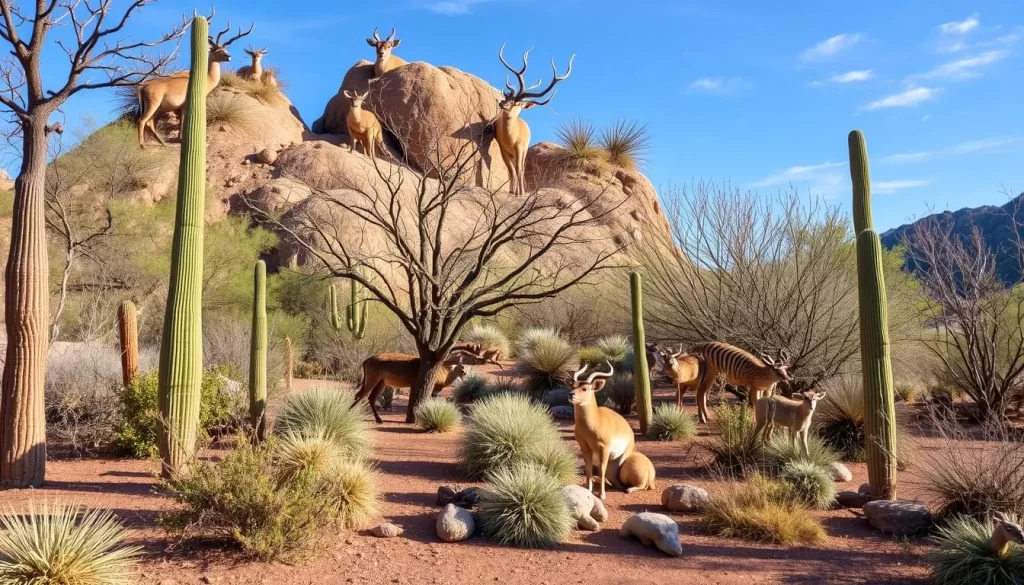 Generate an image of the Arizona-Sonora Desert Museum's outdoor exhibits showcasing various desert animals and plants.