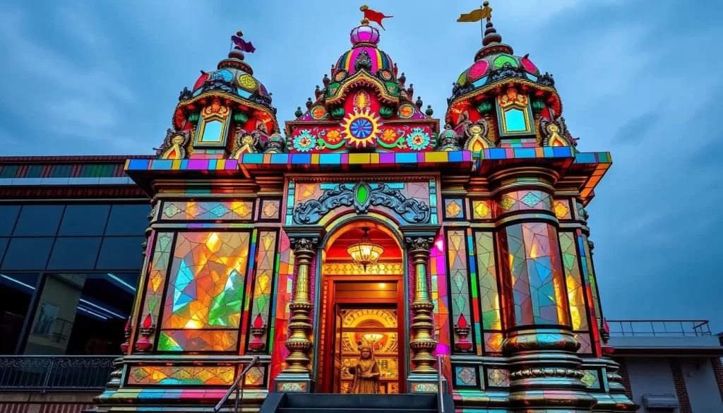 Generate an image of the Arulmigu Sri Rajakaliamman Glass Temple, highlighting its colorful glass pieces and mirrors.
