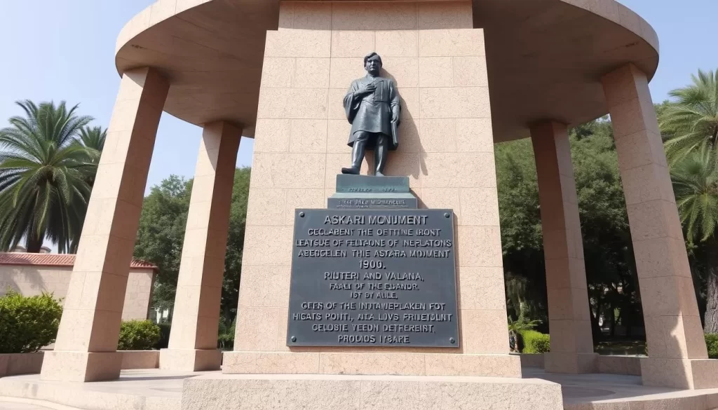 Generate an image of the Askari Monument, focusing on the bronze statue and its inscription.