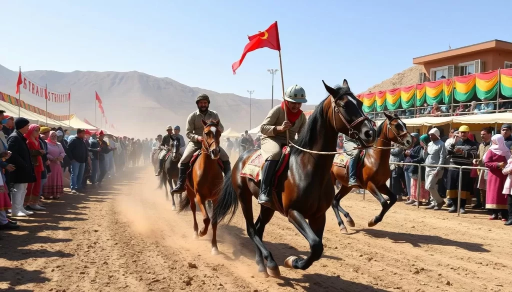 Generate an image of the At Chabysh horse festival in Murghab, featuring horse racing and traditional horse games.
