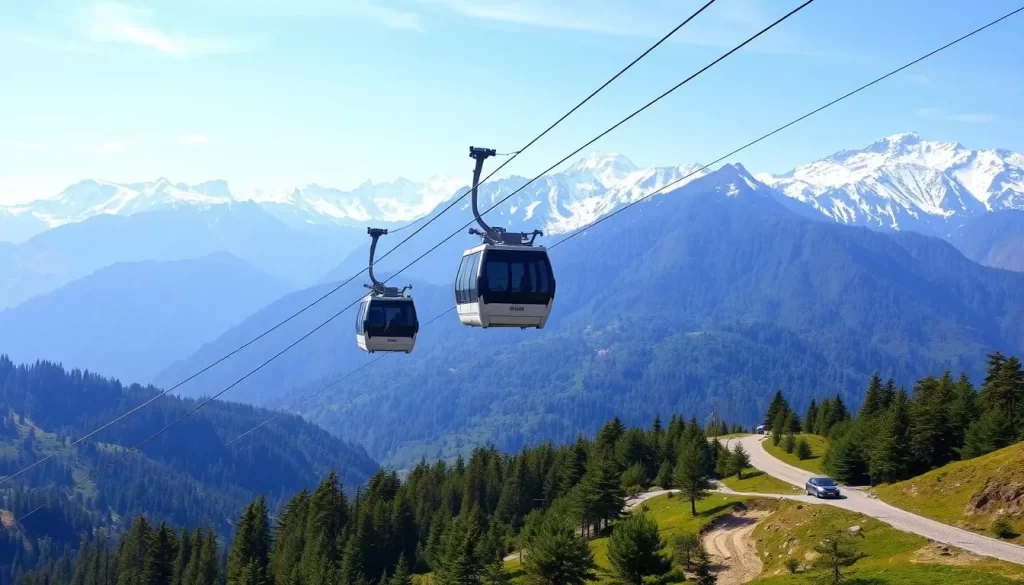 Generate an image of the Auli Ropeway, showcasing its majestic cable cars gliding over the Himalayan landscape.