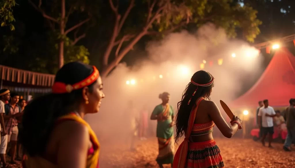 Generate an image of the Auroville Festival, showcasing its vibrant cultural performances and sustainable practices.