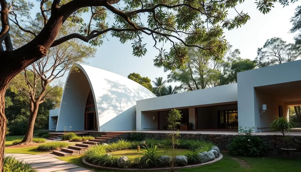 Generate an image of the Auroville Visitors Centre, showcasing its architecture and surroundings.