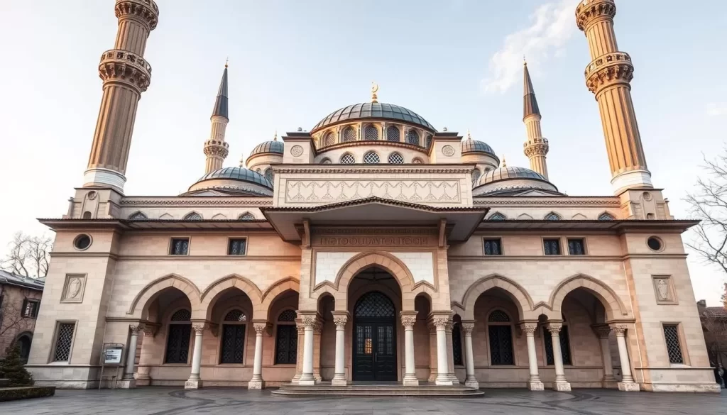 Generate an image of the Aziziye Mosque's exterior, highlighting its blend of Ottoman and Baroque architectural styles.