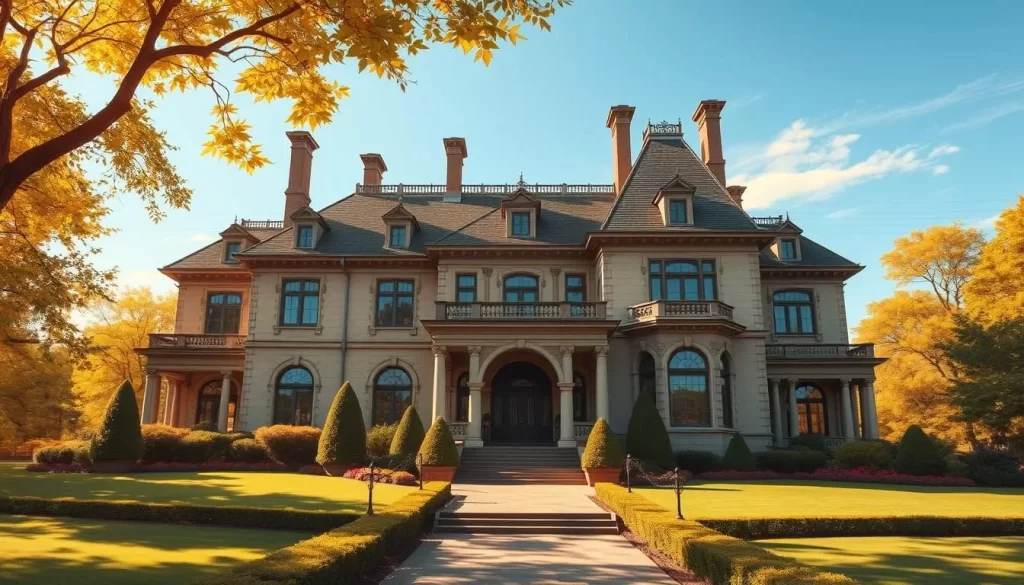 Generate an image of the B.J. and Mabel Palmer Mansion, showcasing its grand architecture and beautiful gardens. Generate an image of the B.J. and Mabel Palmer Mansion, showcasing its grand architecture and beautiful gardens.