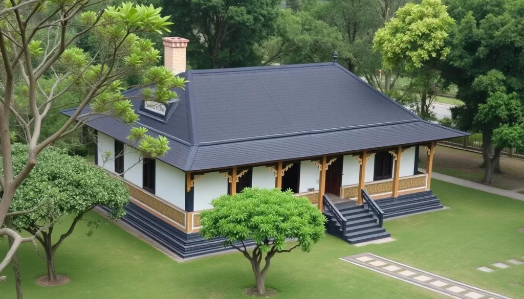 Generate an image of the Baan Dam Museum's main Black House structure with its distinctive architecture and surrounding grounds.