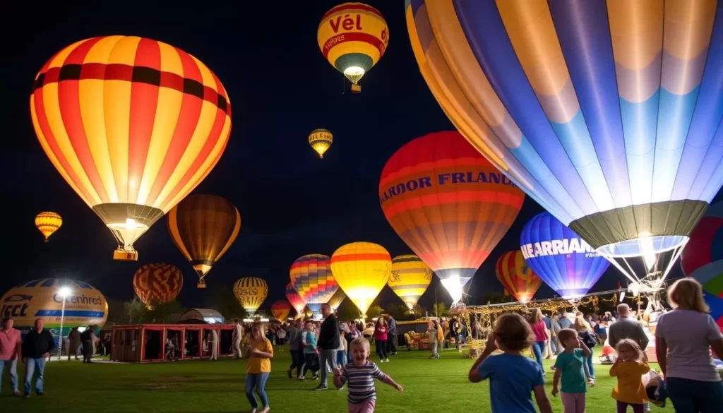 Generate an image of the Balloon Spooktacular at Salt River Fields, with hot air balloons illuminated in the night sky and children enjoying the KidsZone.