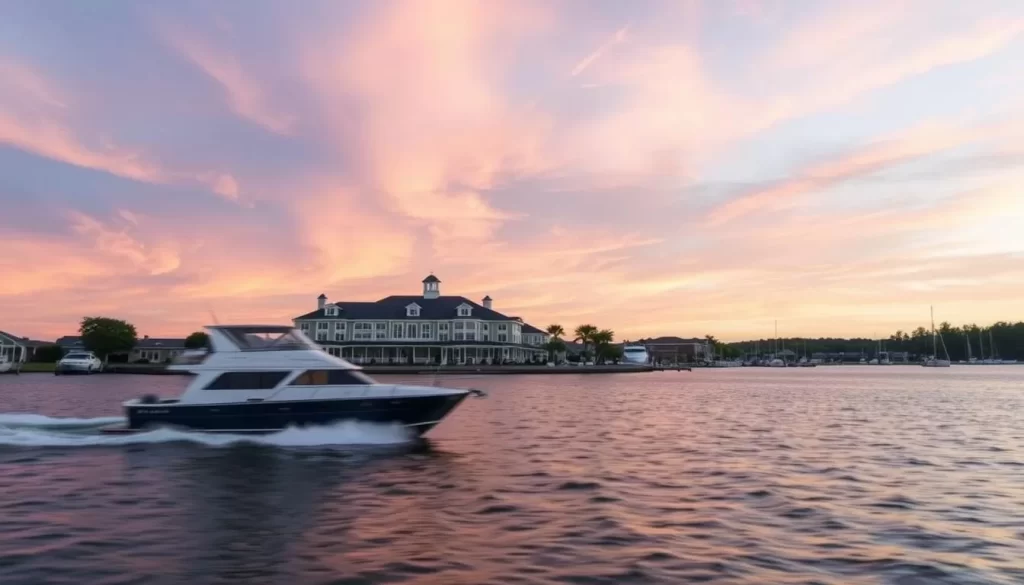 Generate an image of the Bay Voyage Inn's waterfront view with boats sailing by.
