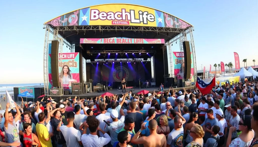 Generate an image of the BeachLife Festival at Redondo Beach with multiple stages and a large crowd enjoying live music.