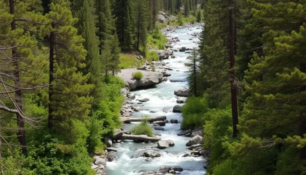 Generate an image of the Bear River Valley Recreation Area with its woodland trails and whitewater park.
