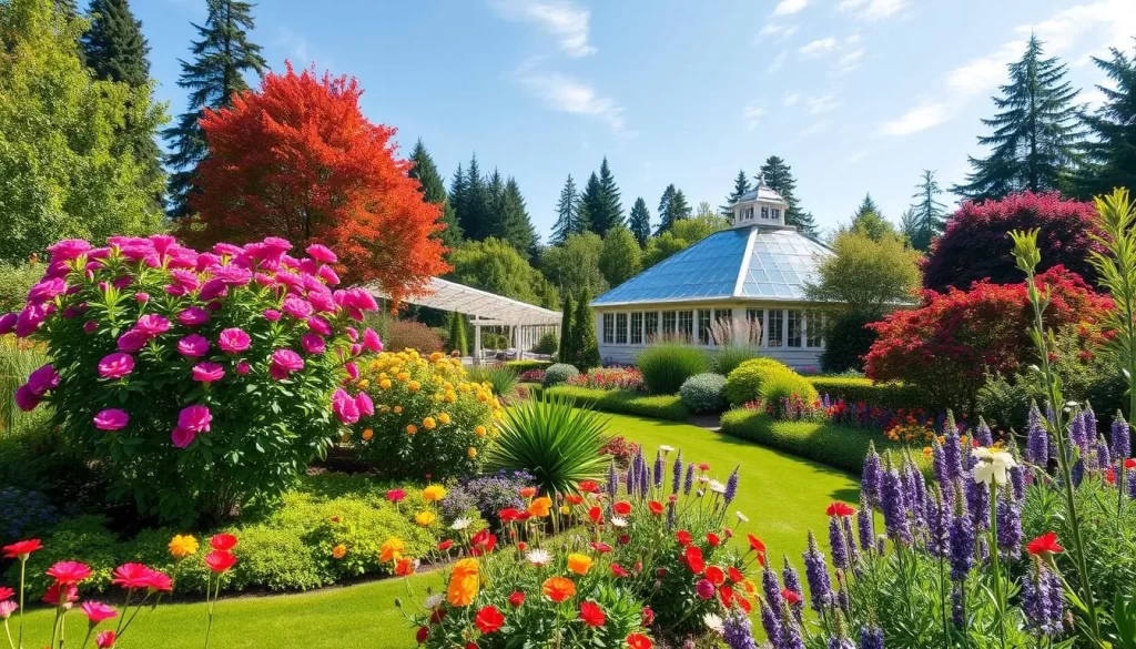 Generate an image of the Bellevue Botanical Garden showcasing its serene landscapes and diverse flora.