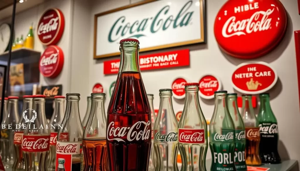Generate an image of the Biedenharn Coca-Cola Museum's exhibit featuring vintage Coca-Cola bottles and memorabilia.