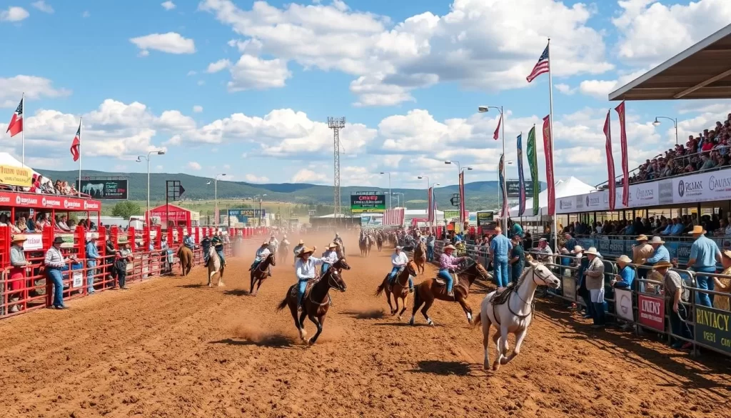 Generate an image of the Black Hills Stock Show & Rodeo event in Rapid City, featuring cowboys and cowgirls competing in a rodeo.