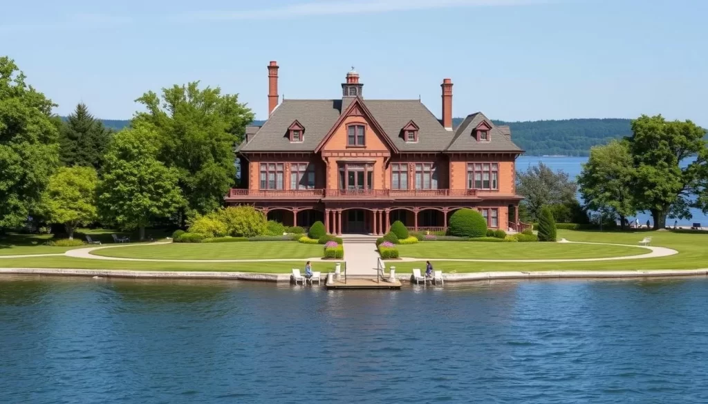 Generate an image of the Black Point Estate & Gardens, a Queen Anne-style mansion built in 1888 on Lake Geneva.
