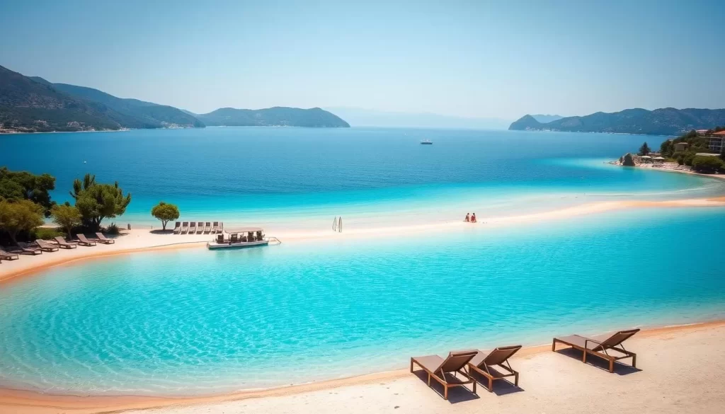 Generate an image of the Blue Lagoon at Ölüdeniz with crystal-clear turquoise waters and sun loungers on the beach.