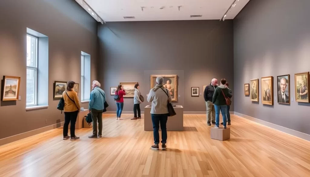 Generate an image of the Bo Bartlett Center's interior with visitors admiring the artwork on display.