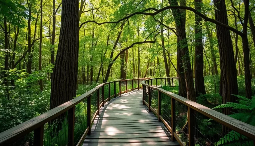 Generate an image of the Boardwalk Loop Trail in Congaree National Park, showcasing its wooden boardwalk winding through a cypress-tupelo forest.