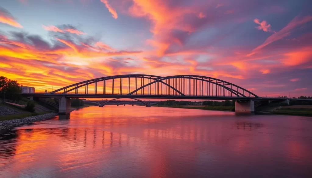 Generate an image of the Bob Kerrey Pedestrian Bridge at sunset with the Missouri River flowing beneath.