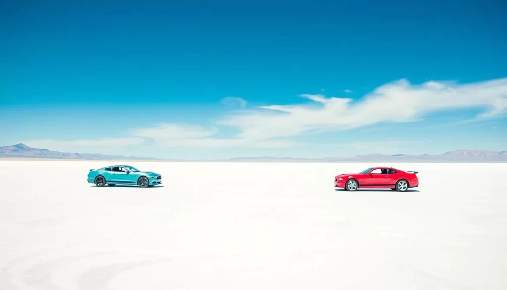 Generate an image of the Bonneville Salt Flats with a clear blue sky and a few cars driving on the salt surface.