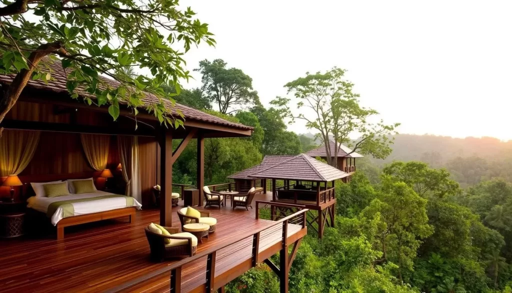 Generate an image of the Borneo Rainforest Lodge, showcasing its lush surroundings and comfortable accommodations.