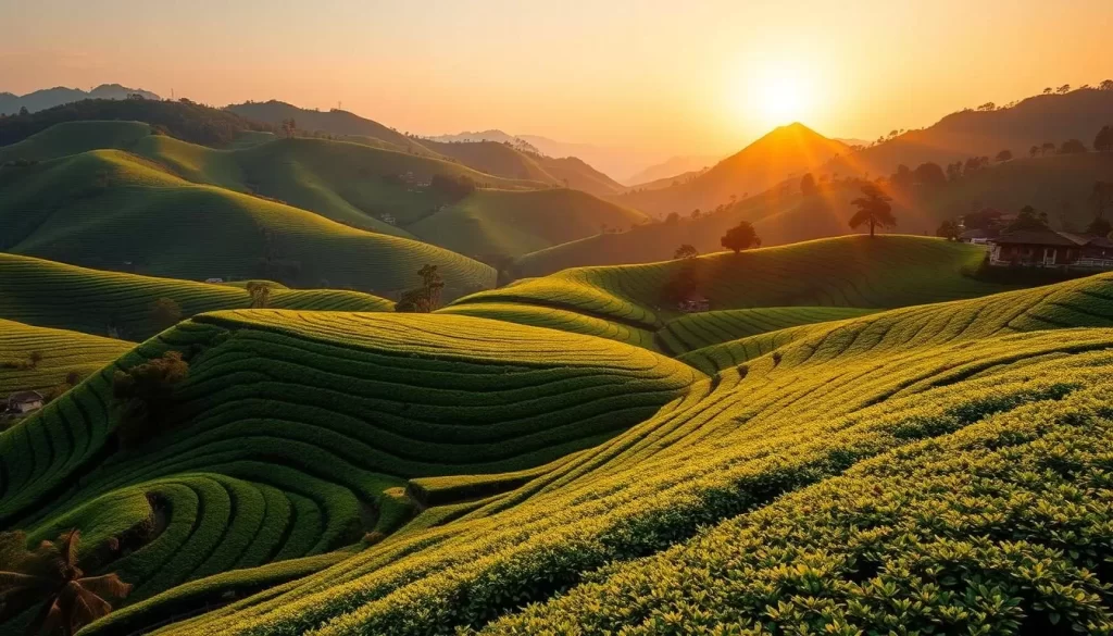 Generate an image of the Boseong Green Tea Plantations during the golden hour, with emerald-green terraces stretching across rolling hills.