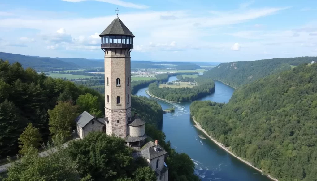Generate an image of the Bouillon Belvedere observation tower with the Semois River in the background.