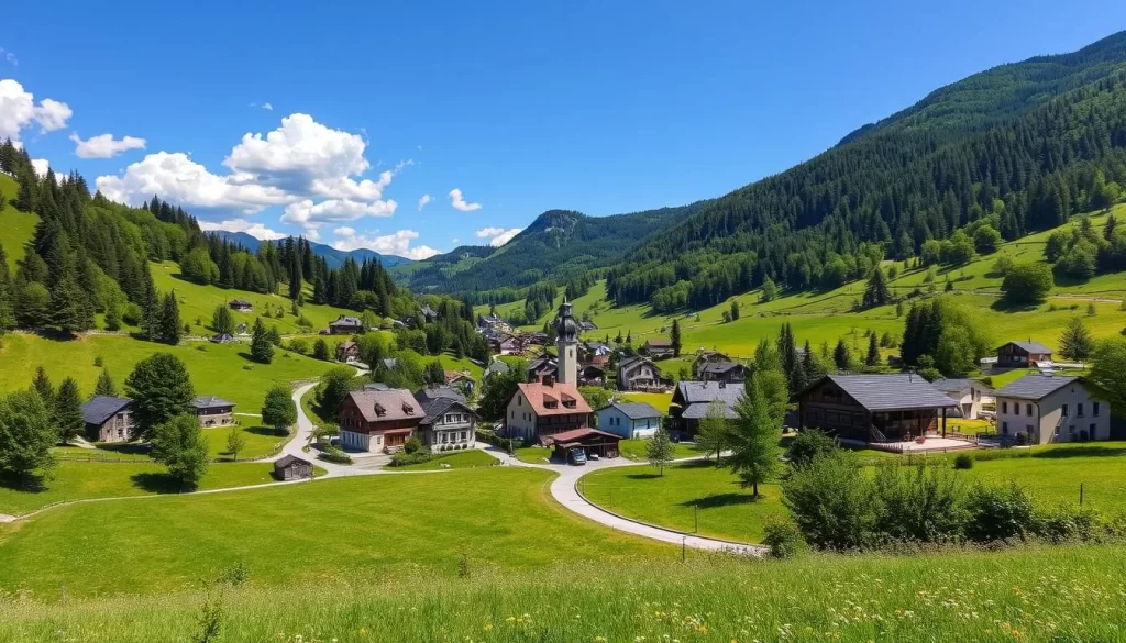 Generate an image of the Bregenzerwald region, highlighting its picturesque villages and rolling hills.