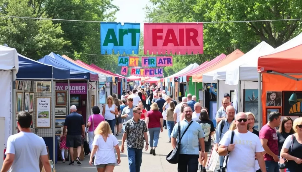 Generate an image of the Broad Ripple Art Fair with numerous art stalls and attendees.