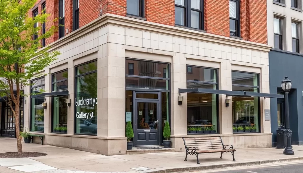 Generate an image of the Buckham Gallery's exterior, showcasing its downtown Flint location.