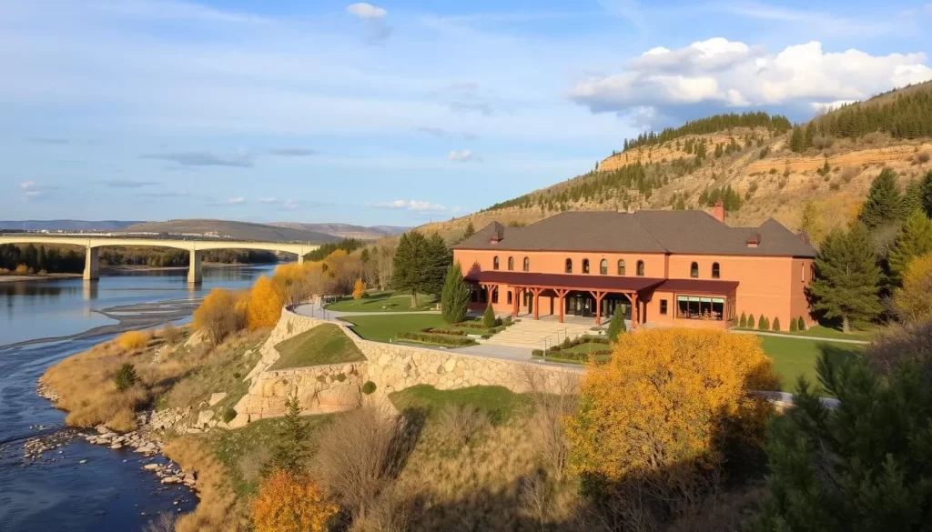 Generate an image of the Buffalo Bill Museum on the banks of the Mississippi River