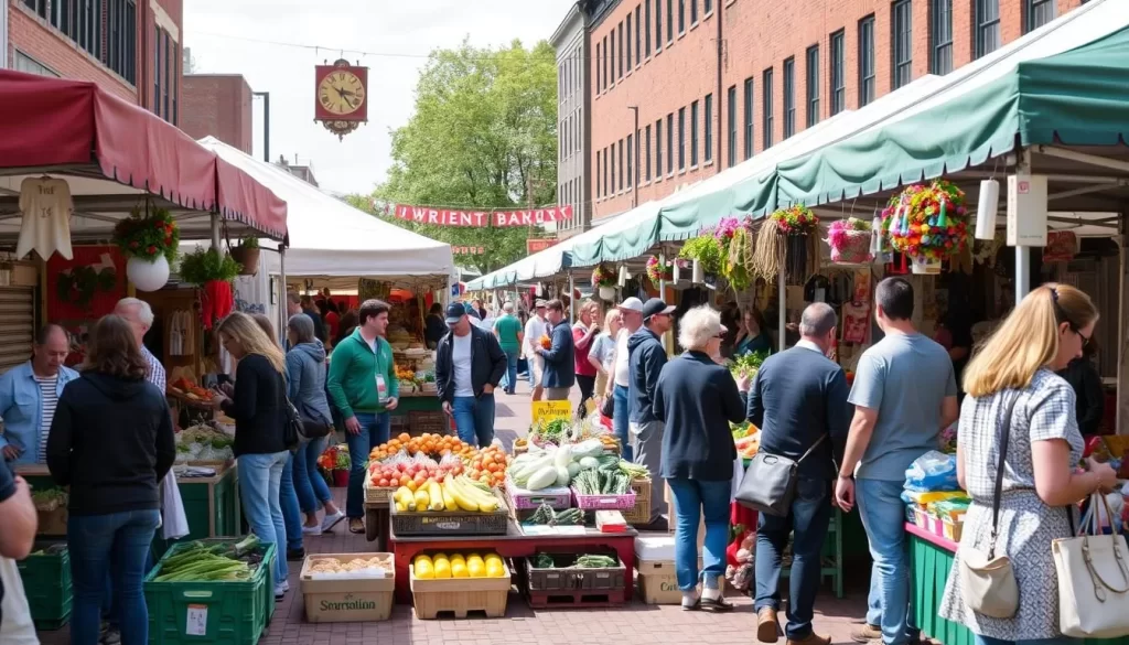 Generate an image of the Burlington Farmers Market on Pine Street with diverse vendors and customers.