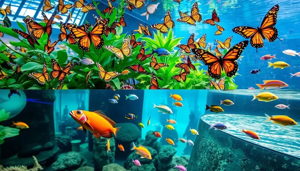 Generate an image of the Butterfly House and Aquarium in Sioux Falls, showing a variety of butterflies and marine life.