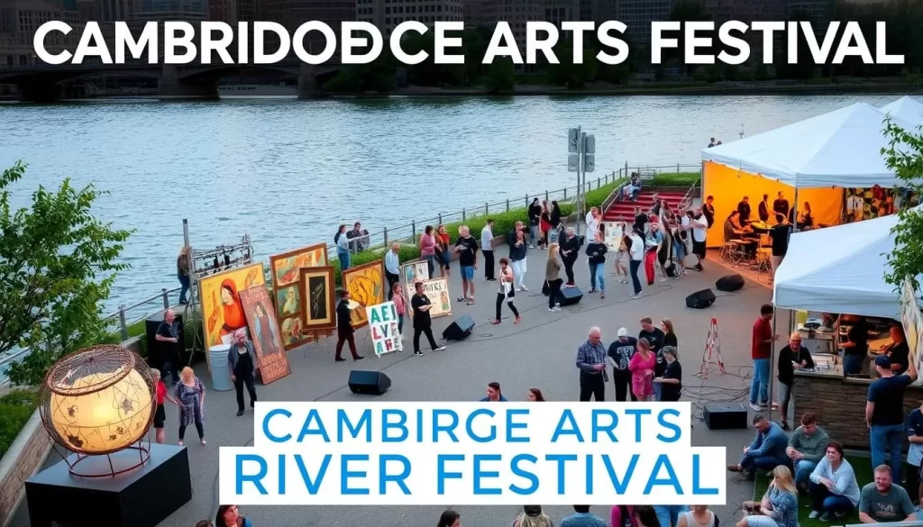 Generate an image of the Cambridge Arts River Festival with the Charles River as the backdrop, featuring various art installations and performances.