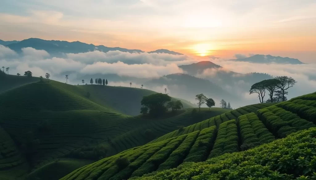 Generate an image of the Cameron Highlands during sunrise with misty mountains and tea plantations