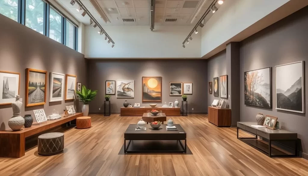 Generate an image of the Candita Clayton Gallery's interior, showcasing contemporary art pieces in a sleek, modern setting.