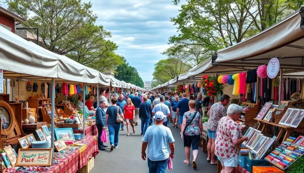 Generate an image of the Canton Flea Market Arts & Crafts Show with diverse vendors and shoppers.