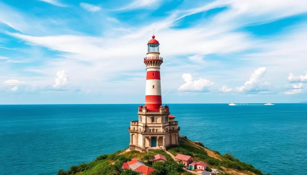 Generate an image of the Cape Rachado Lighthouse with the Straits of Malacca in the background.