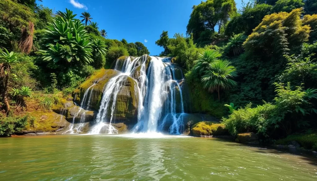 Generate an image of the Cascade de Womé waterfall in Kpalimé, Togo, surrounded by lush greenery.