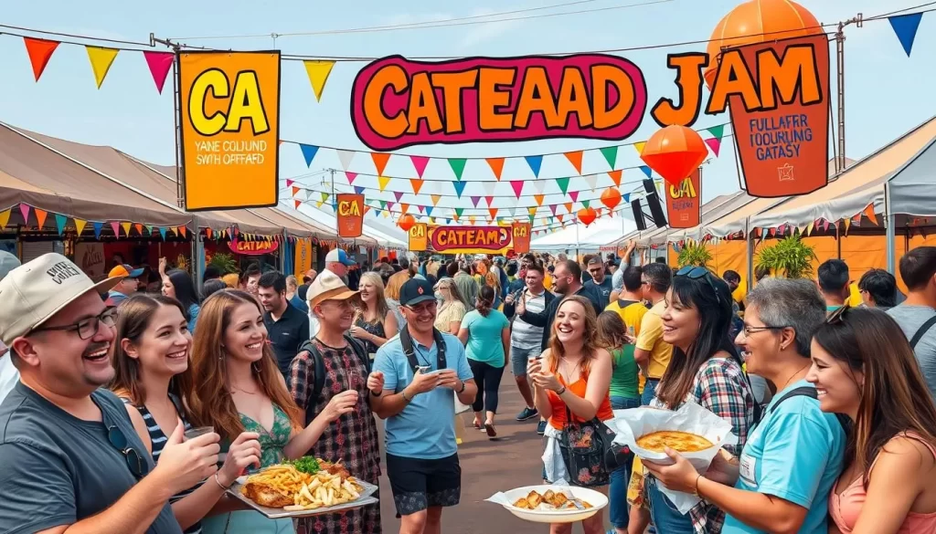 Generate an image of the Cathead Jam festival grounds with attendees enjoying the music and food.