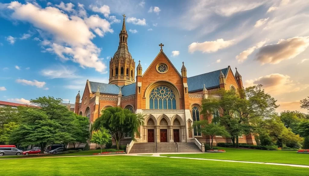Generate an image of the Cathedral Basilica of the Sacred Heart in Newark, New Jersey, showcasing its stunning architecture and beautiful surroundings.