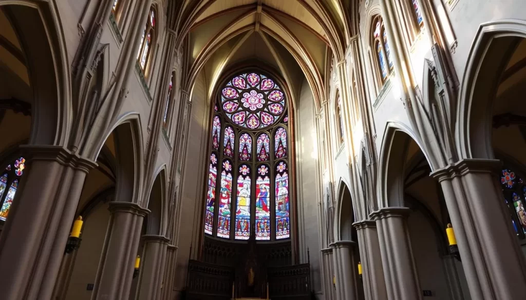 Generate an image of the Cathedral of St. Joseph's interior, highlighting its stunning stained-glass windows and serene atmosphere.