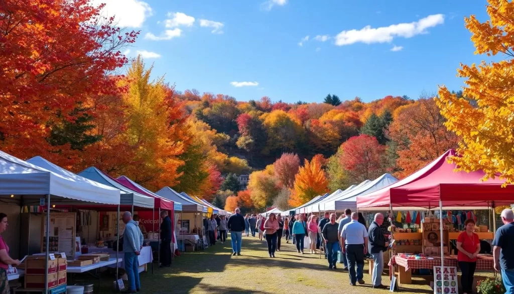 Generate an image of the Catoctin Colorfest with vendors and artisans amidst fall foliage.