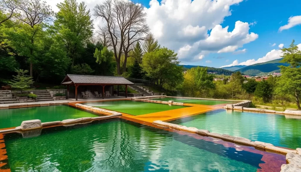 Generate an image of the Çekirge Thermal Area in Bursa, showcasing its serene surroundings and thermal pools.