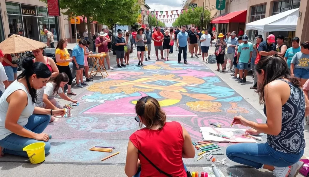 Generate an image of the Chalk the Block art festival in Downtown El Paso, with artists creating street art and visitors observing.