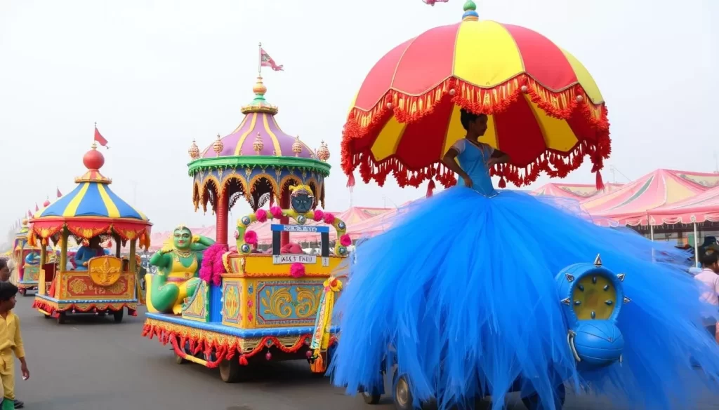 Generate an image of the Chandigarh Carnival at Leisure Valley, Sector 10B, with vibrant floats and performances.
