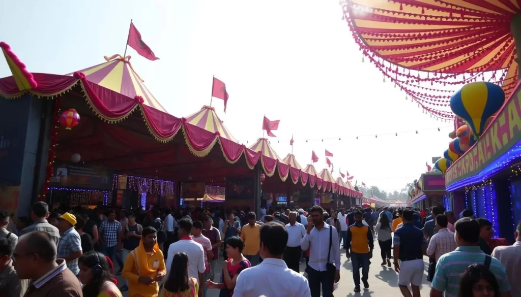 Generate an image of the Chandigarh Carnival's vibrant atmosphere at Leisure Valley, Sector 10B.