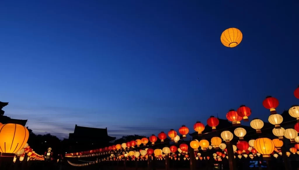 Generate an image of the Changhua Moon Shadow Lantern Festival at dusk with vibrant lanterns illuminating the surroundings.